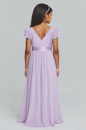 Lilac Chiffon V-Neck A-Line Ruched Long Junior Bridesmaid Dress with Sleeves